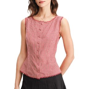 Ainangua Women Plaid Button Tank Top Summer Y2K Lace Trim Sleeveless Checkered Vest Casual Elegant Suit Blazer Wasitcoat in Kuwait