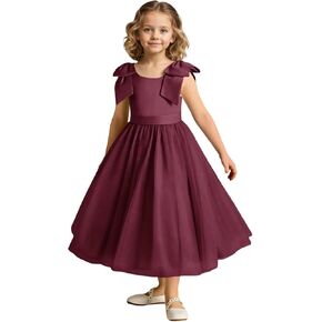 فستان فتاة الزهور لحفلات الزفاف من التول بفيونكة من الساتان بكتف طويل على شكل حرف A للفتيات فساتين التواصل الأول الرسمية لعيد الميلاد in Kuwait