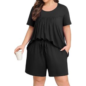 Lastshe Plus Size Pajama Set for Women Summer Short Sleeve Shorts Ladies Pjs 2 Piece Soft Lounge Set with Pockets Sleepwear in Kuwait