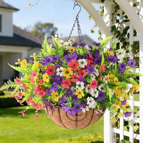 Artificial Flowers Hanging Baskets, Multicolor 12 Bundles Faux Flower with Ferns Outdoor Hanging Basket Spring Summer Decoration, Fake Flowers Plants for Porch Patio Balcony Home Yard Decor in Kuwait
