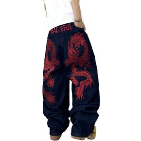 Mens Baggy Jeans Embroidery Pattern Denim Trousers Wide Leg Denim Pant Loose Fit Skater Jeans Streetwear Clothing in Kuwait