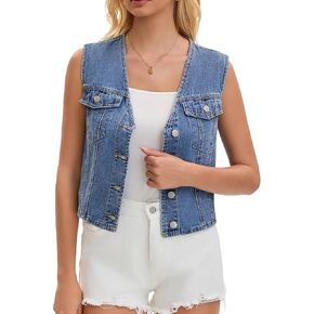 Womens Jean Vest Top V Neck Western Button Up Sleeveless Cropped Denim Vests in Saudi Arabia