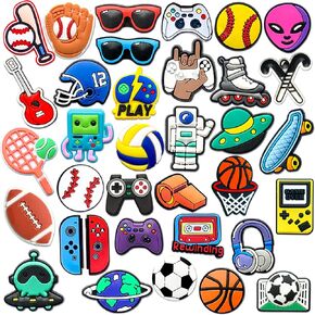 35-Piece Sports & Gaming Croc Charms for Boys Men Kids Teens & Adults – Basketball Football Soccer Baseball Softball, Video Game, Astronaut & Alien Charms, Durable PVC Shoe Accessories for Clogs and Sandals, Birthday Gift & Party Favor in Saudi Arabia