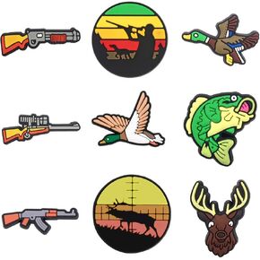 Boys Shoe Decoration Charms Hunting Shoes Charms Set - Animal Gun Deer Duck Fishing Dad Charm Set PVC Decoration Gift for Boys Kids in Kuwait