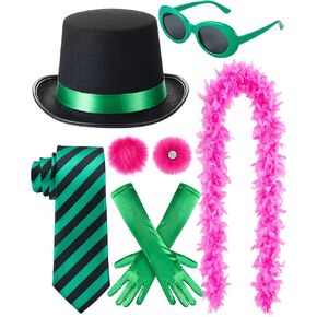 6 Pcs Green Adult Top Hat Costume Accessories for Adult Tie Sunglasses Gloves Brooch Feather Boa for Cosplay Role Play in Kuwait