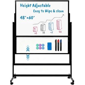 48 x 60 Inch Height Adjustable Dry Erase Whiteboard with Stand and Wheels, Mobile Dry Erase Board with Double-Sided Magnetic Whiteboard for School, Office, or Home, White in Saudi Arabia