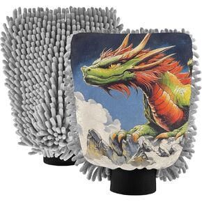 قفاز غسيل السيارات من AIXIWAWA، قفاز غسيل مقاوم للخدش، ماص للماء، 2 عبوة متوسطة الحجم مطبوع عليها رسوم متحركة تنين in Kuwait