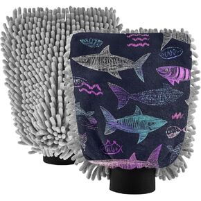 قفاز غسيل السيارات من AIXIWAWA، قفاز غسيل مقاوم للخدش، ماص للماء، 2 عبوة متوسطة الحجم مطبوعة بأسماك القرش in Kuwait