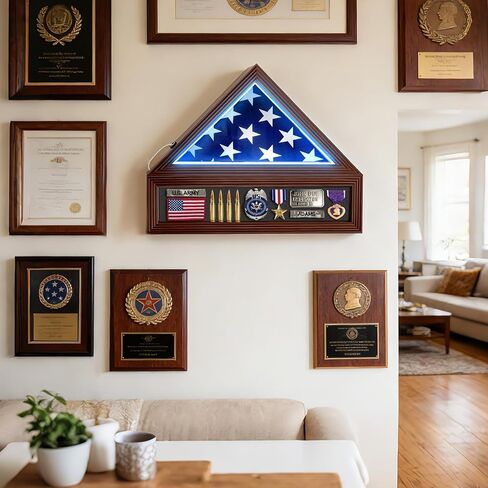 حالة عرض العلم لعلم الدفن 3x5 قدم مع أضواء LED، حالة عرض العلم العسكري، صندوق ظلال الميدالية العسكرية المخضرم للآباء الأجداد الرفيق في الأسلحة هدية in Kuwait