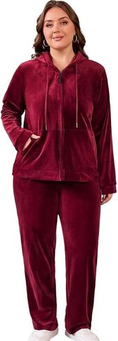 Women Plus Size Velour Tracksuit 2 Piece Set Velvet Sweatsuits Zip Up Hoodie & Straight Leg Pant Set Jogging Suit in Saudi Arabia