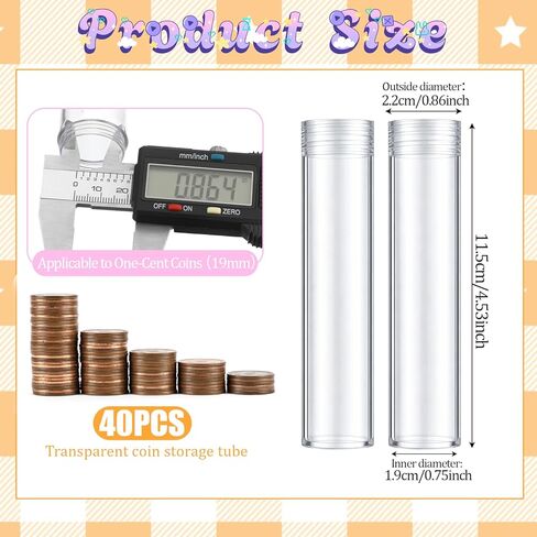 40 Pcs Coin Storage Tube, Plastic Round Clear Penny Coin Tube with Screw Lid, Penny Coins Holder Container Organizer for Coins Collection Supplies Bank Rolls in Kuwait
