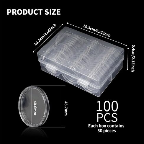 100 Pieces Silver Dollar Coin Capsules, 40.6mm Clear Plastic Eagles Coin Capsules with Storage Organizer Box, Round Coin Collecting Case for Coin Collection in Kuwait