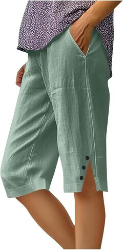 Linen Shorts for Women Summer Casual Trendy Split Bermuda Short Knee Length Elastic Waist Vacation Beach Outfits in Saudi Arabia