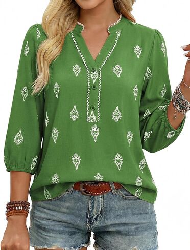 GRACE KARIN Women's V Neck Summer Casual Tops,2026 Fashion Floral Boho Shirt,Button Up 3/4 Sleeve Blouses for Vacation in Saudi Arabia