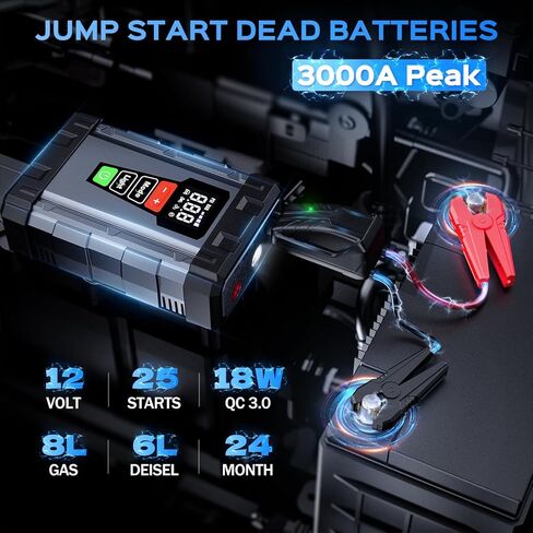 Jump Starter with Air Compressor, 3000A Car Battery Jumper Starter Portable (8L Gas/6L Diesel),12V Jump Box Car Battery Jump Starter with Tire Inflator, Jumper Cables, LED Light, 10-Safety Protection in Saudi Arabia