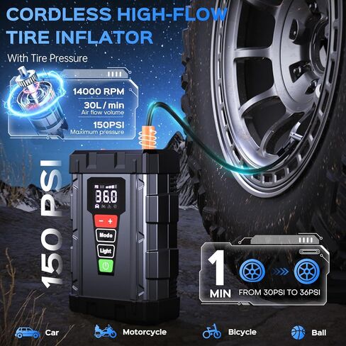 Jump Starter with Air Compressor, 3000A Car Battery Jumper Starter Portable (8L Gas/6L Diesel),12V Jump Box Car Battery Jump Starter with Tire Inflator, Jumper Cables, LED Light, 10-Safety Protection in Saudi Arabia