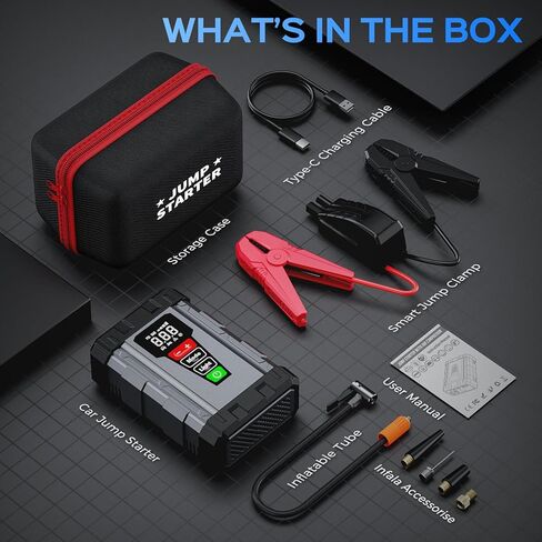 Jump Starter with Air Compressor, 3000A Car Battery Jumper Starter Portable (8L Gas/6L Diesel),12V Jump Box Car Battery Jump Starter with Tire Inflator, Jumper Cables, LED Light, 10-Safety Protection in Saudi Arabia
