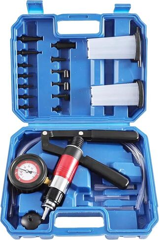 Handheld Vacuum Pump Brake Bleeder Kit, Multi-Functional Vacuum & Pressure Tester Set with Gauge, Hoses, Adapters and Fluid Reservoirs, for Automotive Brake, Clutch and Fluid Extraction ((23PC-Red)) in Kuwait