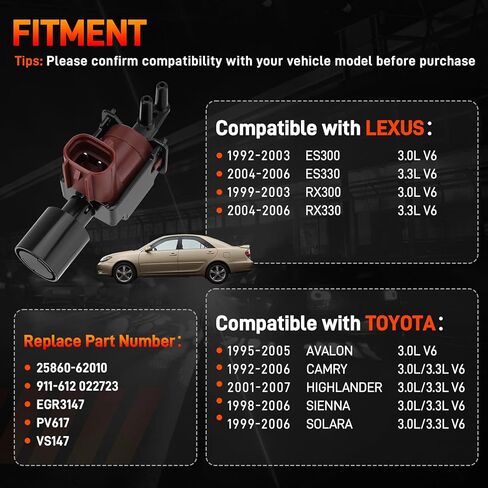 Vacuum Switch Valve Solenoid VSV Compatible with LEXUS 1992-2006 ES300 ES330 RX300 RX330, Compatible with TOYOTA 1992-2007 AVALON CAMRY HIGHLANDER SIENNA SOLARA 3.0L 3.3L Replace# 25860-62010, 911-612 in Saudi Arabia