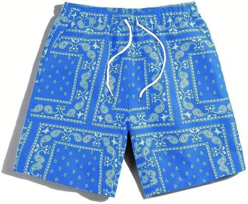 Men's Boho Paisley Scarf Print Shorts Drawstring Waist Tribal Pocket Summer Shorts（Blue） in Saudi Arabia