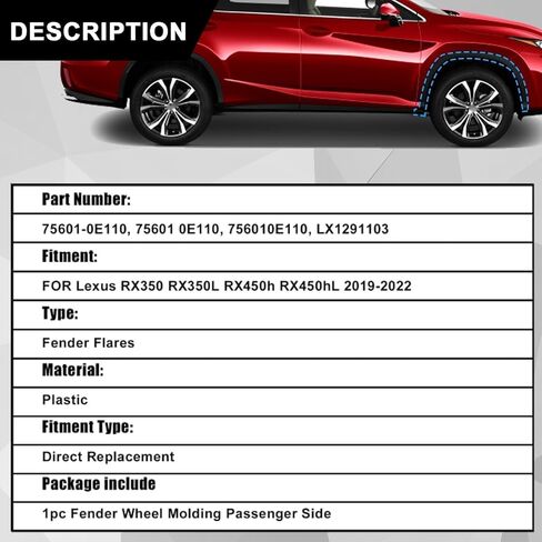 SecosAutoparts Fender Trim الجانب الأيمن الأمامي متوافق مع Lexus RX350 RX350L RX450h RX450hL 2019 2020 2021 2022 استبدال # 756010E110، LX1291103 in Kuwait