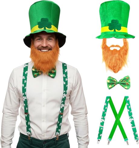 قبعة Pinsway St. Patricks Day المخملية مع حمالات ربطة عنق لحية بنية مزيفة، مجموعة إكسسوارات أزياء Leprechaun باللون الأخضر in Saudi Arabia