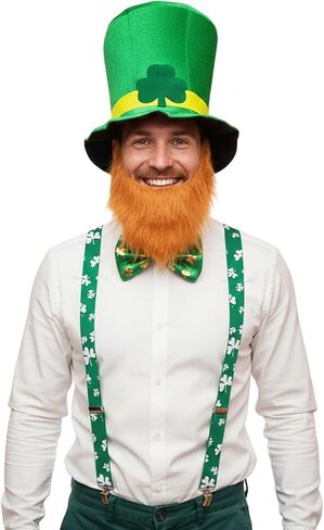 قبعة Pinsway St. Patricks Day المخملية مع حمالات ربطة عنق لحية بنية مزيفة، مجموعة إكسسوارات أزياء Leprechaun باللون الأخضر in Saudi Arabia