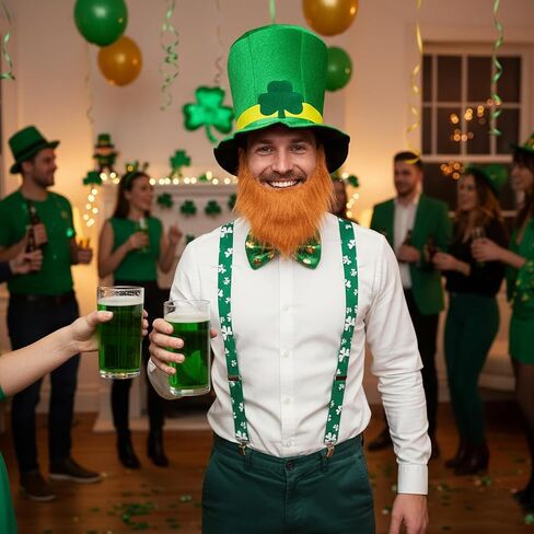 قبعة Pinsway St. Patricks Day المخملية مع حمالات ربطة عنق لحية بنية مزيفة، مجموعة إكسسوارات أزياء Leprechaun باللون الأخضر in Saudi Arabia