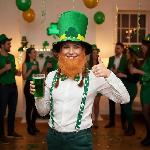 قبعة Pinsway St. Patricks Day المخملية مع حمالات ربطة عنق لحية بنية مزيفة، مجموعة إكسسوارات أزياء Leprechaun باللون الأخضر in Saudi Arabia