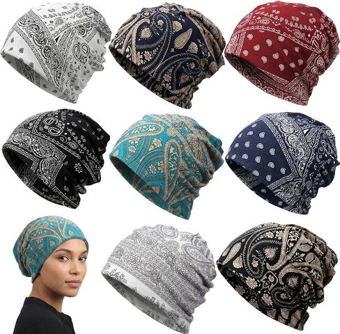 8 Pieces Pre-Tied Head Scarf Chemo Headwear for Women Baggy Slouchy Chemo Hat Cancer Headwear for Hair Loss with Elastic Print Pullover Style Turban Hat for Women Men Multicolor in Saudi Arabia