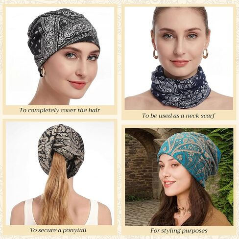 8 Pieces Pre-Tied Head Scarf Chemo Headwear for Women Baggy Slouchy Chemo Hat Cancer Headwear for Hair Loss with Elastic Print Pullover Style Turban Hat for Women Men Multicolor in Saudi Arabia