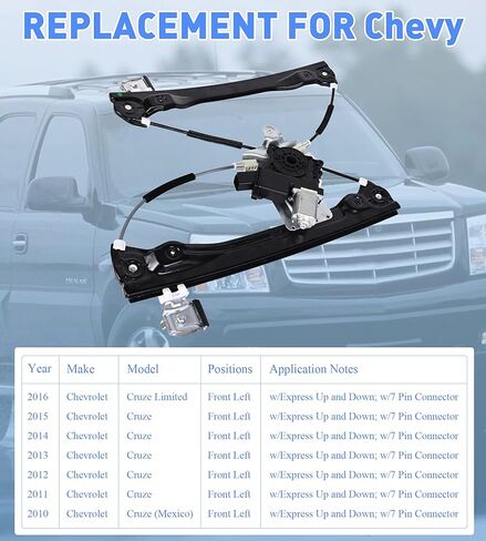 Power Window Regulator with Motor Assembly 748-974 Front Driver Left Side (7 Pins) Window Motor Fit for 2010-2016 Chevy Cruze (Limited) Window Lift Regulator Replace#95999475 95382561（with Anti-Pinch in Saudi Arabia