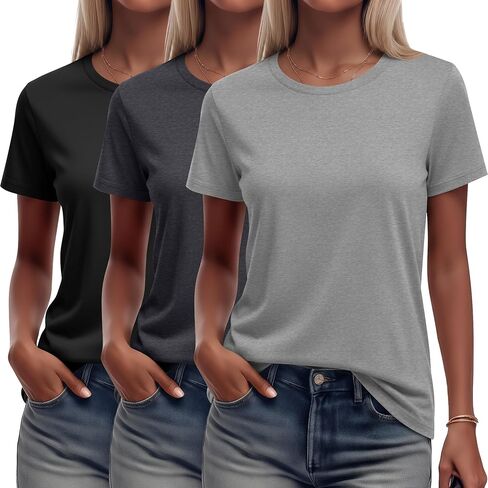 Women's 3 Pack T Shirts 2024 Trendy Loose Fit Short Sleeve Crew Neck Summer Tops Casual Basics Workout Outfit Tee in Kuwait