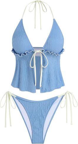 ZAFUL Colorblock Tankini Swimsuits for Women Smocked Ruffle Tie Front Halter Two Piece Set Textured Triangle Swimwear in Saudi Arabia