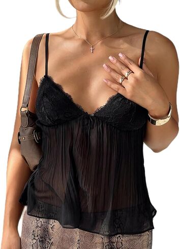 Women Lace Sleeveless Tank Tops V Neck Spaghetti Strap Ruffle Flowy Peplum Babydoll Top Y2k Solid Cute Shirts in Saudi Arabia