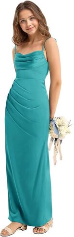 فساتين وصيفة الشرف للصغار من الساتان للفتيات المراهقات على شكل حرف a مطوي فستان فتاة الزهور Jr فساتين رسمية طويلة مع شق in Kuwait