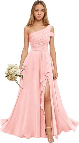 فستان وصيفة العروس جونيور من الشيفون بكتف واحد فستان فتاة الزهور بفتحة كشكش فستان رسمي طويل لحفلات الزفاف in Kuwait