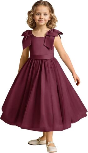 فستان فتاة الزهور لحفلات الزفاف من التول بفيونكة من الساتان بكتف طويل على شكل حرف A للفتيات فساتين التواصل الأول الرسمية لعيد الميلاد in Kuwait