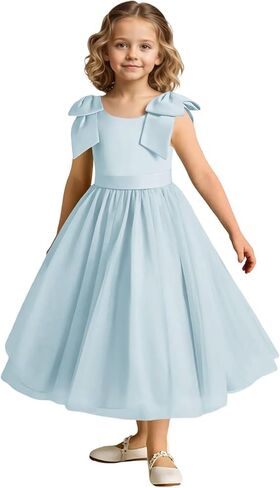 فستان فتاة الزهور لحفلات الزفاف من التول بفيونكة من الساتان بكتف طويل على شكل حرف A للفتيات فساتين التواصل الأول الرسمية لعيد الميلاد in Kuwait