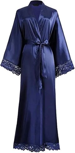 Wjnvfioo Womens Sexy Long Kimono Lace Bath Robe Gown Ice Silk Nightdress Solid Color Nightgown in Saudi Arabia