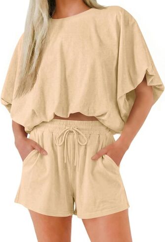 Cicy Bell Womens Summer 2 Piece Short Sets Puff Sleeve Cropped Tops and Shorts Casual Loose Outfits Comfy Lounge Sets in Saudi Arabia