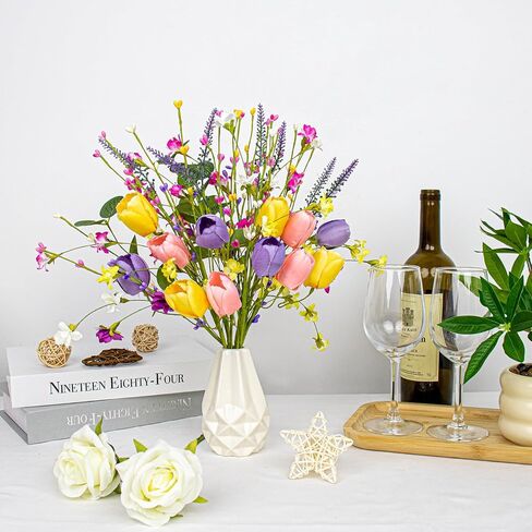 زهور الربيع الاصطناعية 12 حزمة زهرة الربيع ينبع 17 بوصة الزهور يختار مع الوردي الأصفر الأرجواني الزنبق الزهور البرية للمزهريات المركزية ترتيبات الزهور ديكور عيد الفصح الصيف in Kuwait