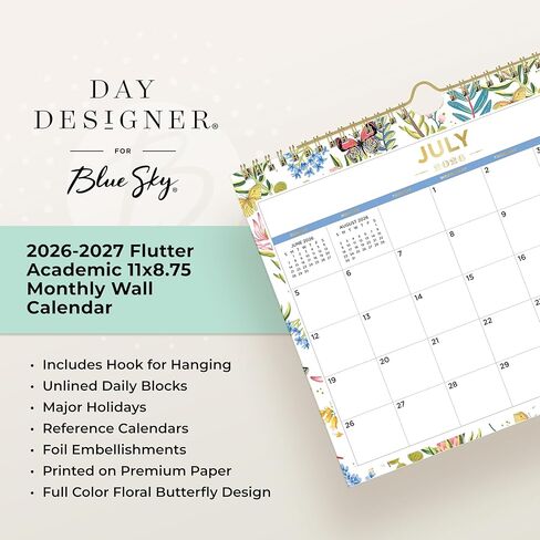 Blue Sky Day Designer 2026-2027 تقويم حائط سنوي أكاديمي شهري، يوليو 2026 - يونيو 2027، 11 بوصة × 8.75 بوصة، ربط سلكي مزدوج متين، مثالي للمنزل والمكتب والفصول الدراسية، رفرفة in Kuwait