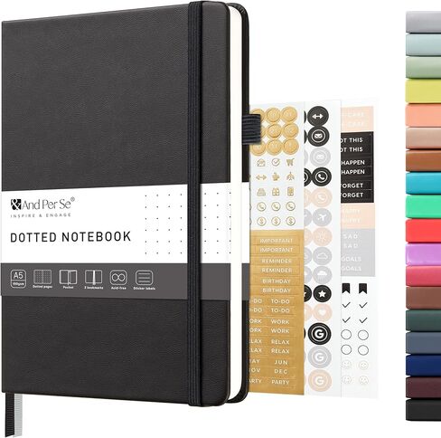 &And Per Se Dotted Journal Notebook - غلاف فني مقاس A5، ورق 160 صفحة بوزن 100 جرام في المتر المربع، دفتر ملاحظات شبكي منقطة للتخطيط والمذكرات الإبداعية، تتضمن 3 أوراق ملصقات (أخضر داكن) in Kuwait