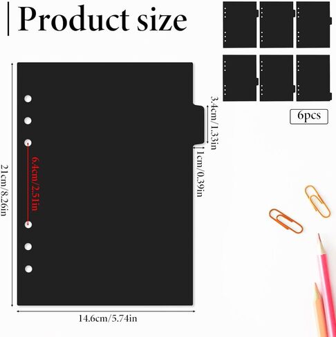 6 Pcs 6 Ring A5 Binder Plastic Divider Set 6-Tab A5 Planner Inserts Black Insertable Binder Dividers Plastic Index Divider for Notebooks Binders in Saudi Arabia