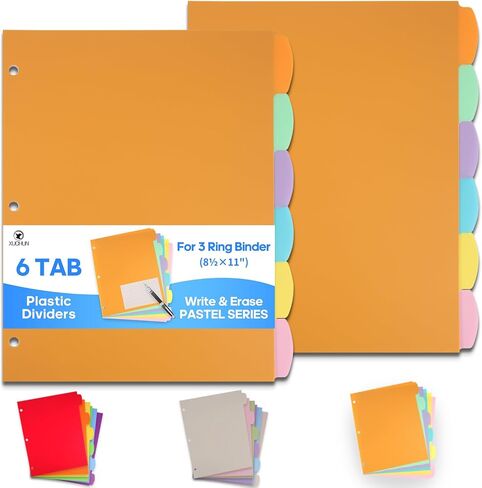 مجموعتان من 6 فواصل لعلامات التبويب مع علامات تبويب - فواصل بلاستيكية لـ 3 حلقات - كتابة ومسح علامة تبويب كبيرة، وفواصل موضوعية لأجهزة الكمبيوتر المحمولة والمجلدات والمنظمات، ملونة in Kuwait