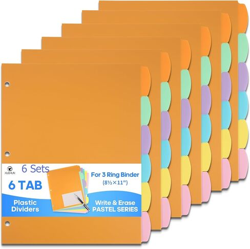 مجموعتان من 6 فواصل لعلامات التبويب مع علامات تبويب - فواصل بلاستيكية لـ 3 حلقات - كتابة ومسح علامة تبويب كبيرة، وفواصل موضوعية لأجهزة الكمبيوتر المحمولة والمجلدات والمنظمات، ملونة in Kuwait