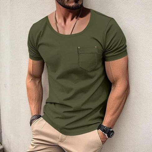 Mens Short Sleeve T-Shirts Crew Neck Summer Solid Color Shirt Casual Basic Gym Workout Tops with Pocket in Saudi Arabia