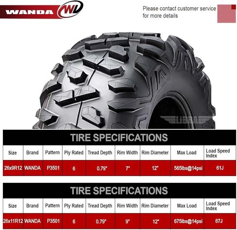 WANDA 4 Radial ATV Tires 26x9R12 & 26x11R12 for 2016 Polaris Ranger 570 6 EPS Crew/XP in Saudi Arabia