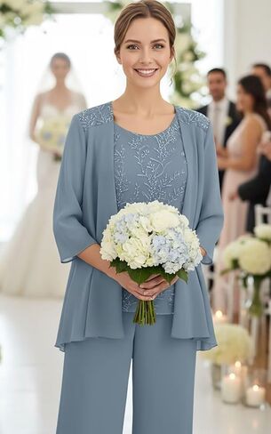 Chiffon Appliques Mother of The Bride Pant Suits 3 Pieces Women Formal Wedding Dress with Jacket in Saudi Arabia